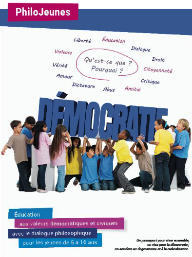 Affiche PhiloJeunes : éducation aux valeurs démocratiques grâce au dialogue philosophique de 5 à 16 ans.