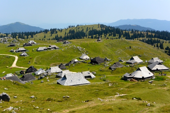 Plateau alpin de Velika Planina en Slovenie avec huttes en bois typiques de bergers