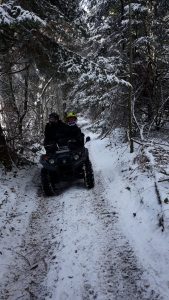 randonner en quad en hiver sur la neige : quad circulant en foret sur le neige