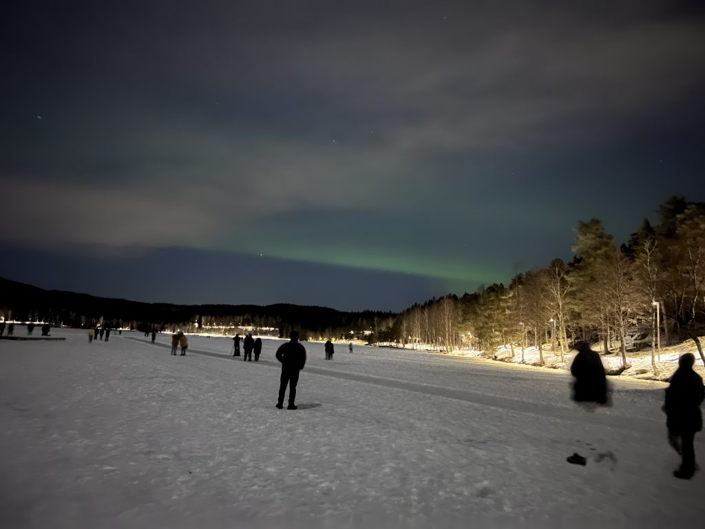 Vue d'une aurore boréale au lac Sognsvann à Oslo