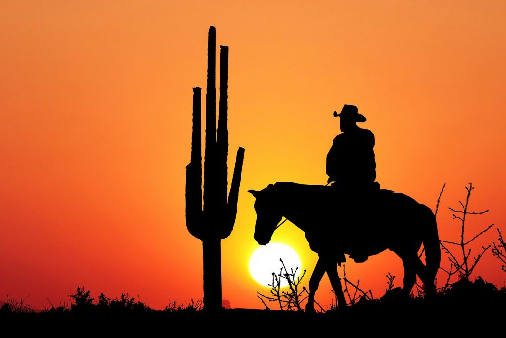 Cowboy solitaire au soleil couchant.