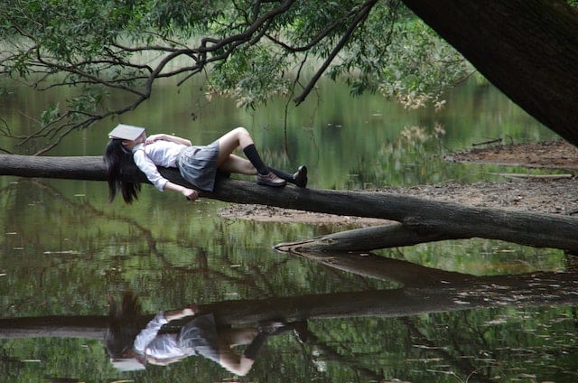 étudiante endormie sur une branche au-dessus de l’eau avec un livre sur le visage