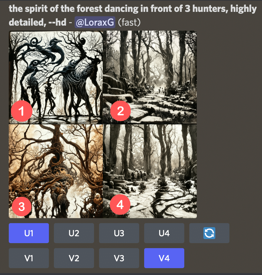 4 versions illustrées de l'esprit de la forêt sur Midjourney.