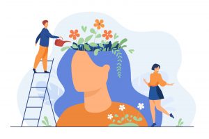 Une femme occupe le centre de l'image. Sa tête est coupée et agrémentée de fleurs. À gauche, un homme, en haut d'une échelle, arrose les fleurs. Il semble contribuer à son accomplissement personnel. Une femme en bas à droite danse.
