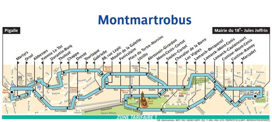 Le trajet du Montmartrobus qui dessert les petites rues de la butte Montmartre