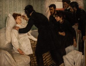 Peinture de Sven Richard Bergh montrant un homme vêtu de noir penchée sur une femme assise, en état d’hypnose, et entourés de spectateurs