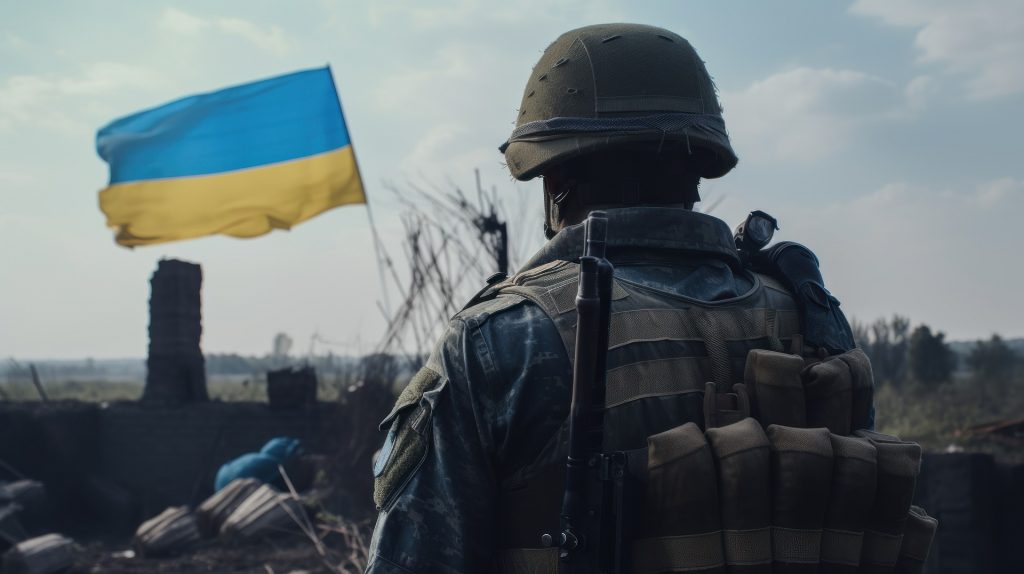 un soldat ukrainien se met en scène avec un drapeau ukrainien qui flotte au vent