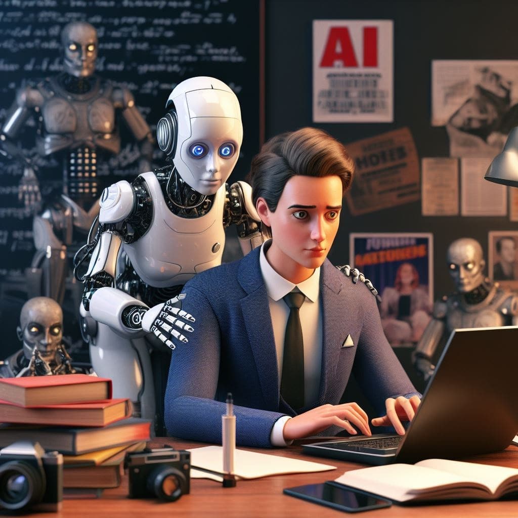 Un scénariste travaille sur son ordinateur. Derrière lui, un robot représentant l'intelligence artificielle.