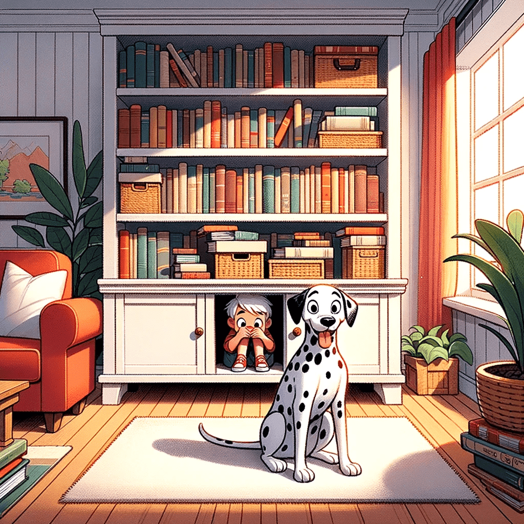 Un enfant et son chien jouent à cache-cache. Le petit garçon est caché dans la bibliothèque. Le chien est heureux de jouer avec lui.