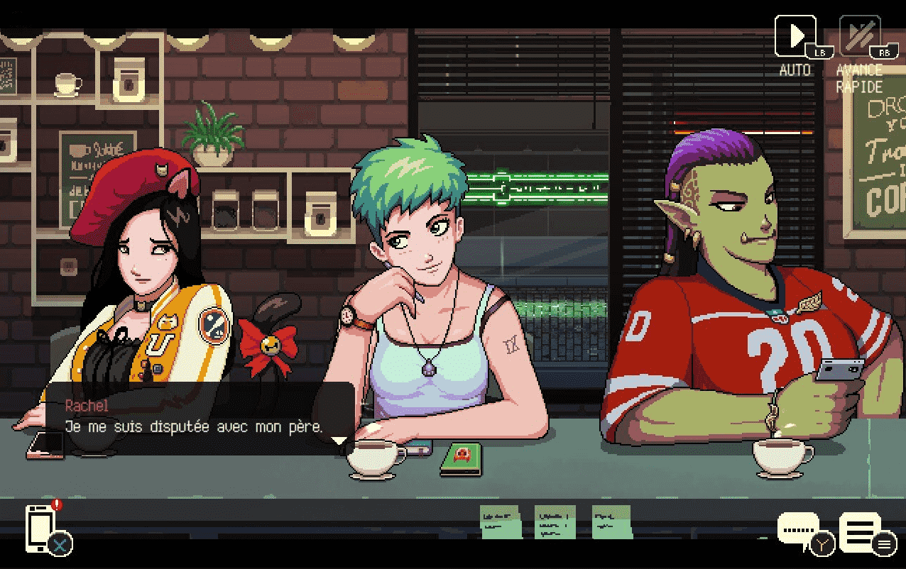 Screen du jeu indépendant Coffee Talk. On y voit trois femmes discutant dans un café, avec des boissons chaudes devant elles.