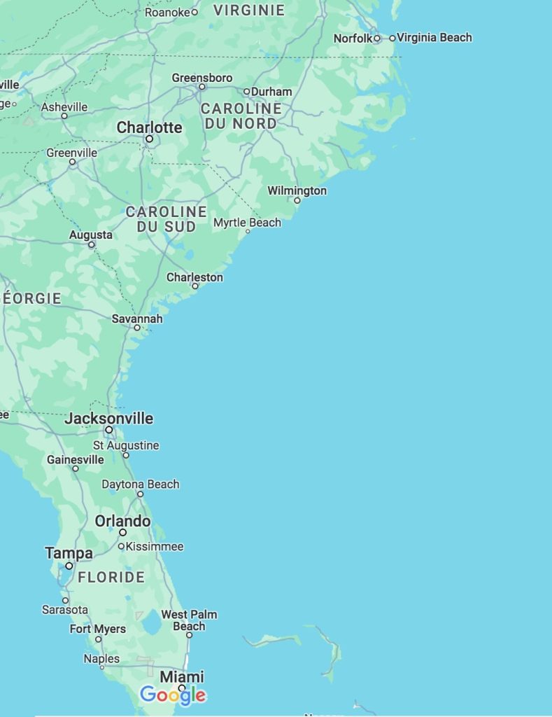 Carte de la côte Est des États-Unis, de Norfolk à Miami.