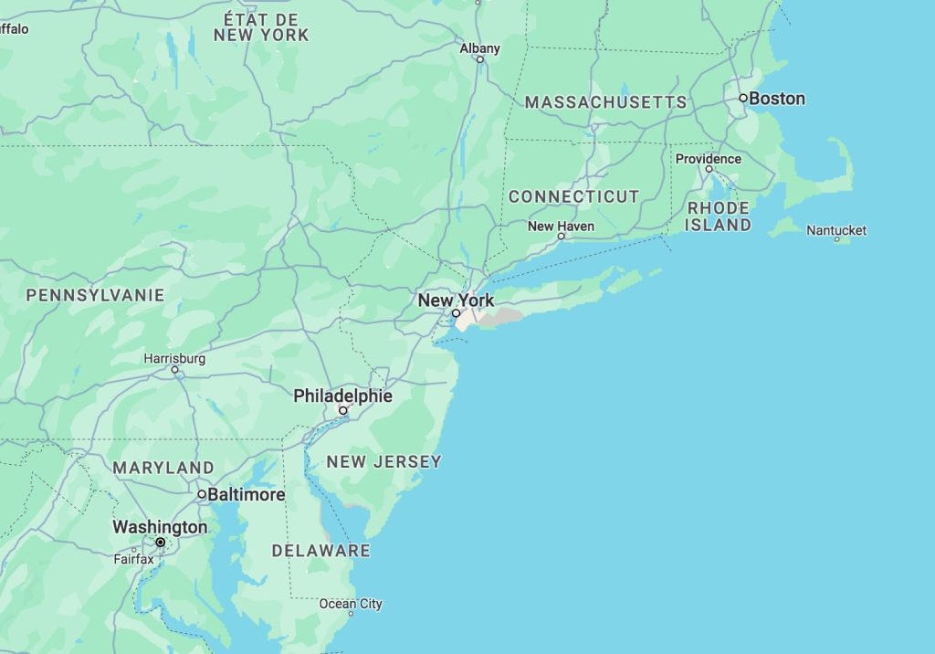 Carte de la côte Est des États-Unis, de Boston à Washington DC.