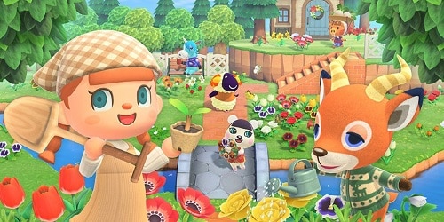 Personnages et décors du jeu Animal Crossing: New Horizons. Au premier plan, une petite fille et un faon s'occupent des fleurs. Derrière eux, d'autres animaux mignons se promènent dans un décor champêtre.