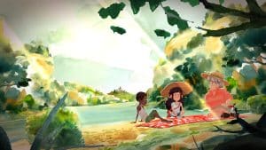 Capture d'écran du jeu Dordogne. Deux enfants et une femme âgée pique-niquent au bord d'une rivière. Les arbres, le ciel, les collines, les rayons du soleil et la rivières sont peints à l'aquarelle.
