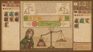 Capture d'écran du jeu Potioncraft dans le style des enluminures médiévale. Au centre, une balance d'apothicaire et à gauche, une jaune femme en tenue rappelant le Moyen-Âge.