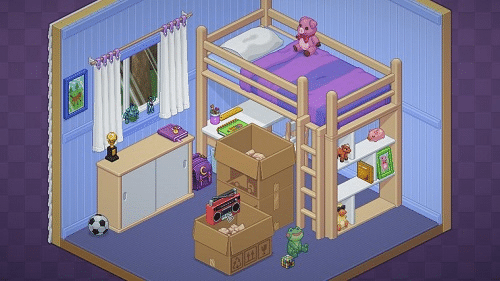 Capture d'écran du jeu Unpacking. Dans une chambre d'enfant dessinée en pixels, on voit un lit mezzanine, une commode et des cartons de déménagement pas encore déballés. Certains objets ont déjà été installé comme un ballon de football ou une peluche.