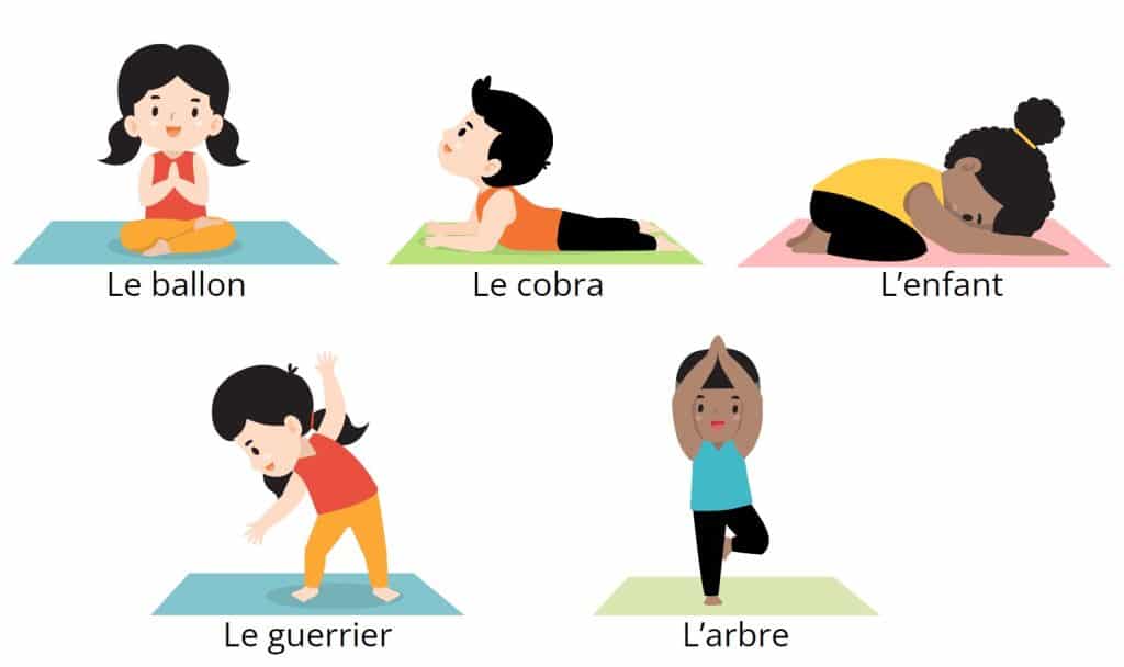 5 postures de yoga pour enfant à proposer en classe pour faire une pause active à l'école. 