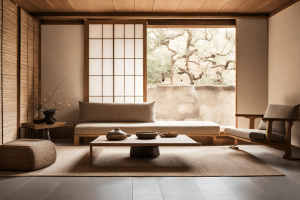 Salon japonais reflétant le Wabi-Sabi comme style de vie, avec une décoration minimaliste et sobre, des couleurs neutres, des matériaux naturels et des meubles proches du sol