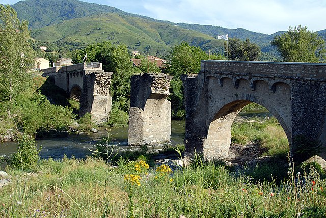 vestiges d'un ancien pont de pierre, le pont génois de Ponte Novu, entourés de verdure