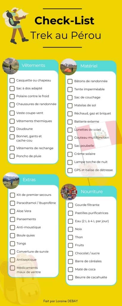 Infographie d'une check-list pour un trek au Pérou sans guide.