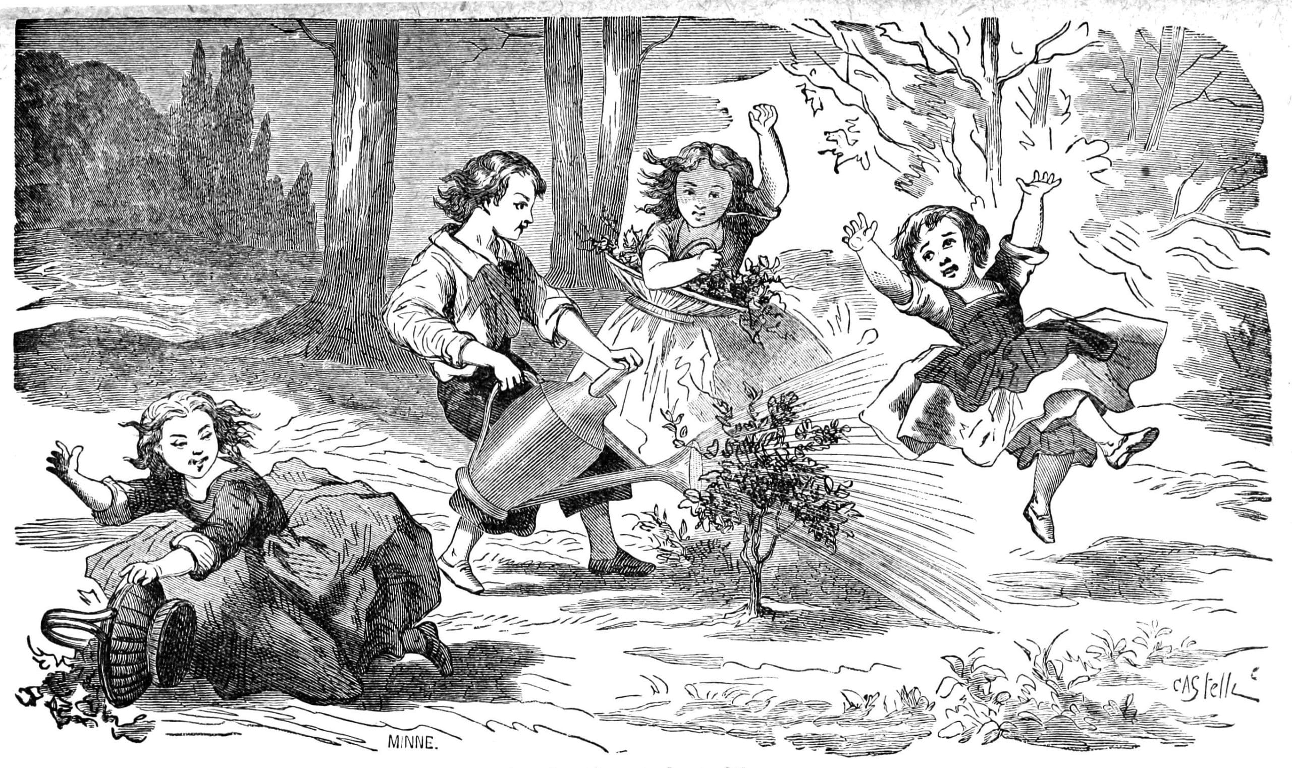 Gravure représentant des enfants qui jardinent