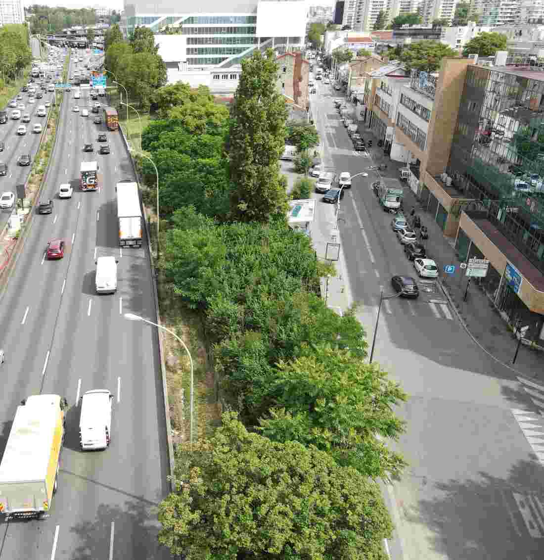 Forêt urbaine plantée sur un talus du boulevard périphérique parisien, au niveau de la porte de Montreuil.